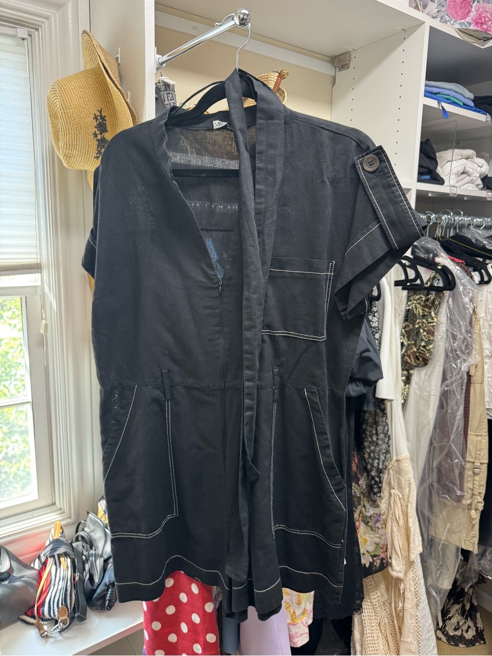 Zara Black Short-Sleeve Utility Romper with Contrast Stitching